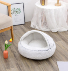 2-in-1 Round Plush Pet Bed & Warm House for Dogs and Cats - Winter Soft Long Plush Bed