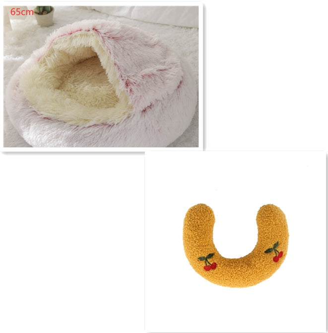 2-in-1 Round Plush Pet Bed & Warm House for Dogs and Cats - Winter Soft Long Plush Bed