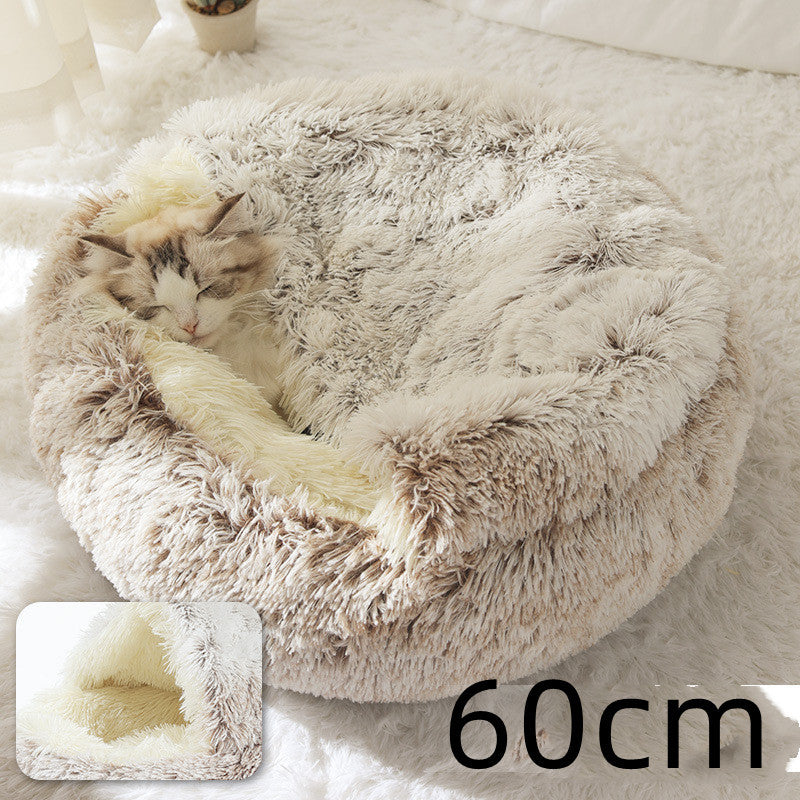 2-in-1 Round Plush Pet Bed & Warm House for Dogs and Cats - Winter Soft Long Plush Bed