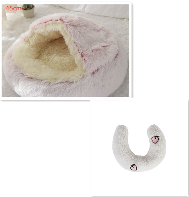 2-in-1 Round Plush Pet Bed & Warm House for Dogs and Cats - Winter Soft Long Plush Bed