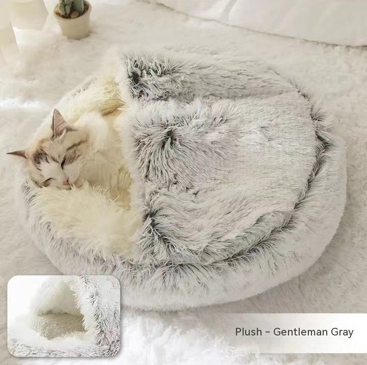 2-in-1 Round Plush Pet Bed & Warm House for Dogs and Cats - Winter Soft Long Plush Bed