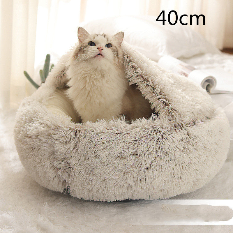 2-in-1 Round Plush Pet Bed & Warm House for Dogs and Cats - Winter Soft Long Plush Bed