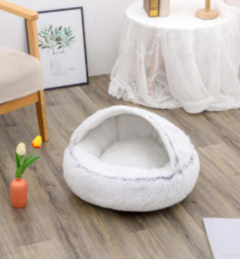 2-in-1 Round Plush Pet Bed & Warm House for Dogs and Cats - Winter Soft Long Plush Bed