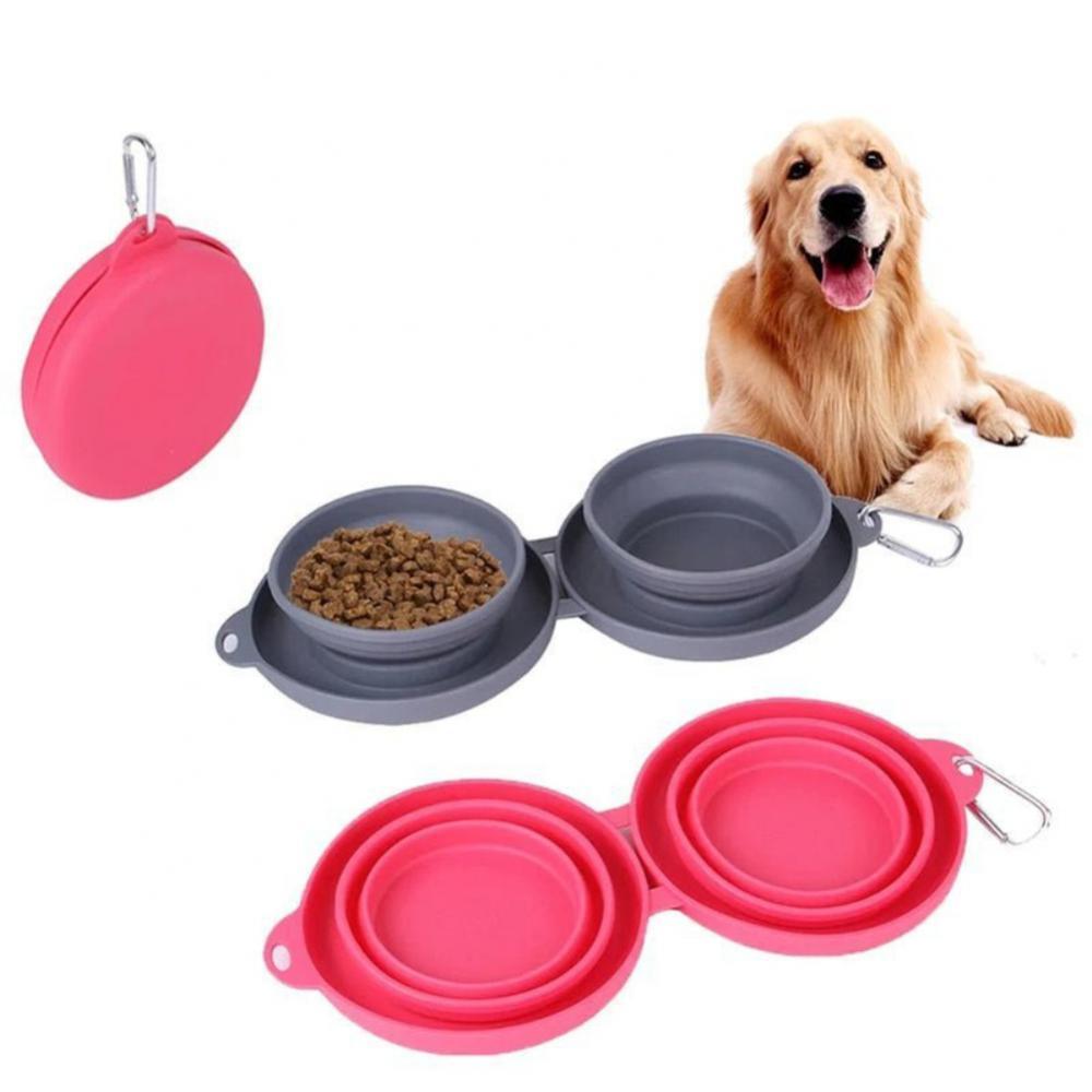 Foldable Double Pet Bowl with Non-Slip Mat - Collapsible Food and Water Dish for Dogs and Cats