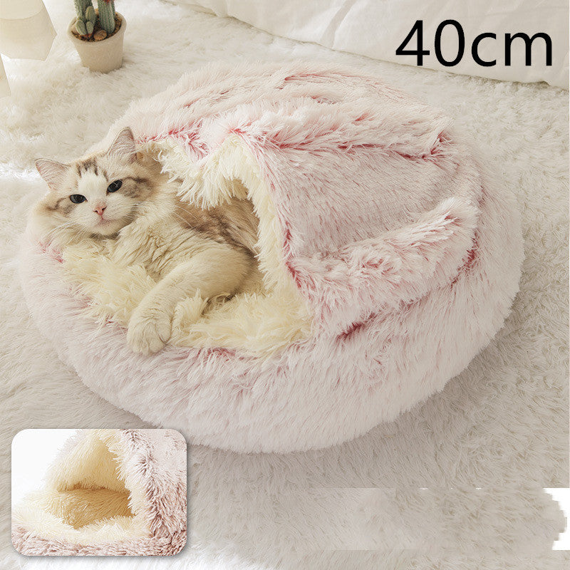 2-in-1 Round Plush Pet Bed & Warm House for Dogs and Cats - Winter Soft Long Plush Bed