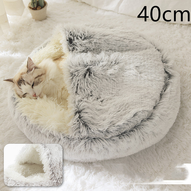 2-in-1 Round Plush Pet Bed & Warm House for Dogs and Cats - Winter Soft Long Plush Bed