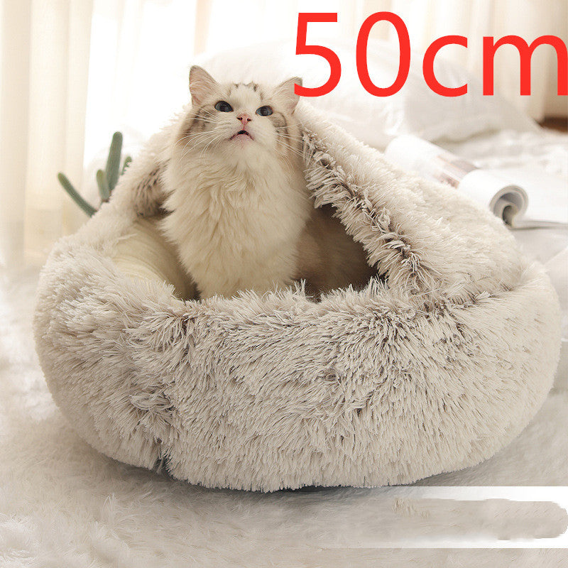 2-in-1 Round Plush Pet Bed & Warm House for Dogs and Cats - Winter Soft Long Plush Bed