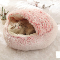 2-in-1 Round Plush Pet Bed & Warm House for Dogs and Cats - Winter Soft Long Plush Bed