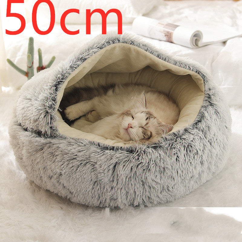 2-in-1 Round Plush Pet Bed & Warm House for Dogs and Cats - Winter Soft Long Plush Bed