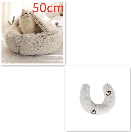 2-in-1 Round Plush Pet Bed & Warm House for Dogs and Cats - Winter Soft Long Plush Bed
