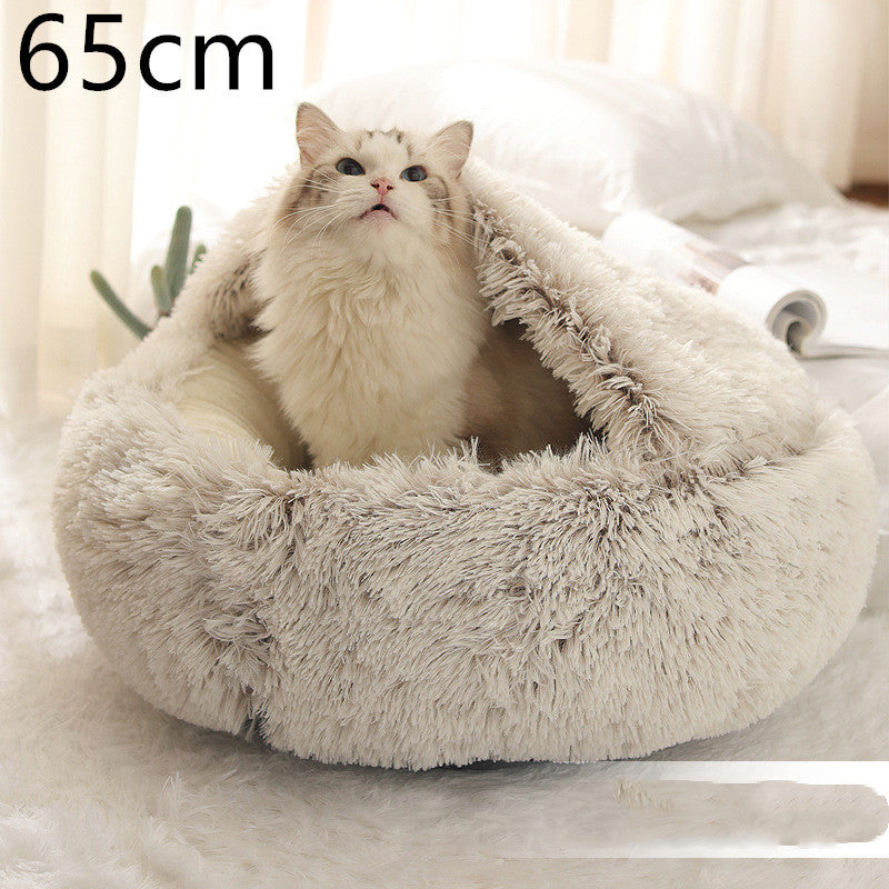 2-in-1 Round Plush Pet Bed & Warm House for Dogs and Cats - Winter Soft Long Plush Bed