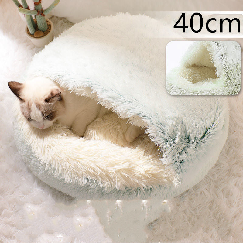 2-in-1 Round Plush Pet Bed & Warm House for Dogs and Cats - Winter Soft Long Plush Bed