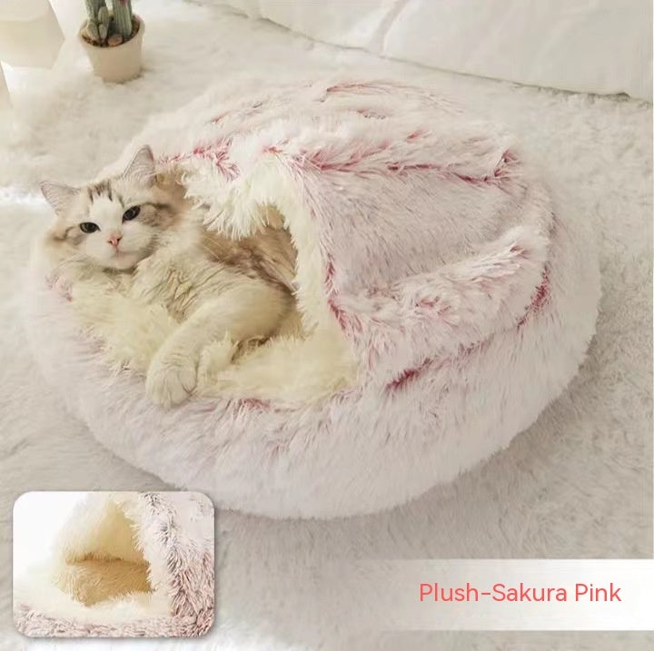 2-in-1 Round Plush Pet Bed & Warm House for Dogs and Cats - Winter Soft Long Plush Bed