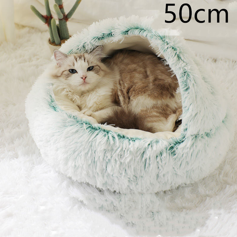 2-in-1 Round Plush Pet Bed & Warm House for Dogs and Cats - Winter Soft Long Plush Bed