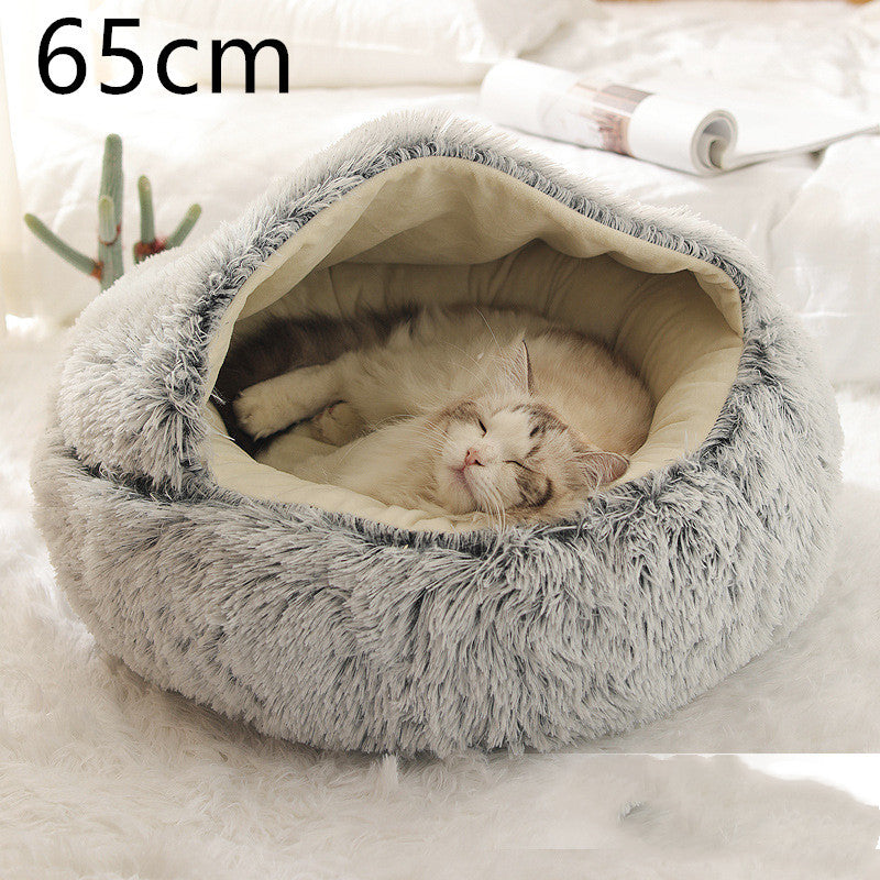 2-in-1 Round Plush Pet Bed & Warm House for Dogs and Cats - Winter Soft Long Plush Bed