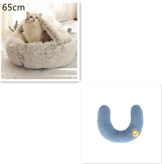 2-in-1 Round Plush Pet Bed & Warm House for Dogs and Cats - Winter Soft Long Plush Bed