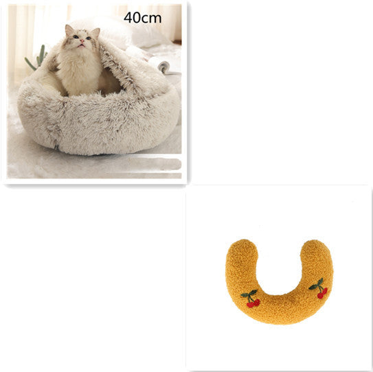 2-in-1 Round Plush Pet Bed & Warm House for Dogs and Cats - Winter Soft Long Plush Bed