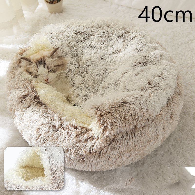 2-in-1 Round Plush Pet Bed & Warm House for Dogs and Cats - Winter Soft Long Plush Bed