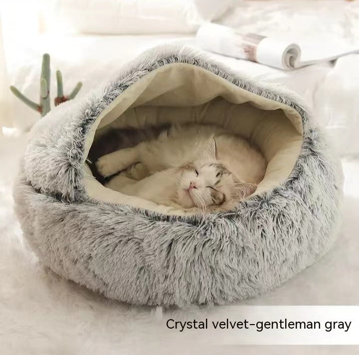 2-in-1 Round Plush Pet Bed & Warm House for Dogs and Cats - Winter Soft Long Plush Bed