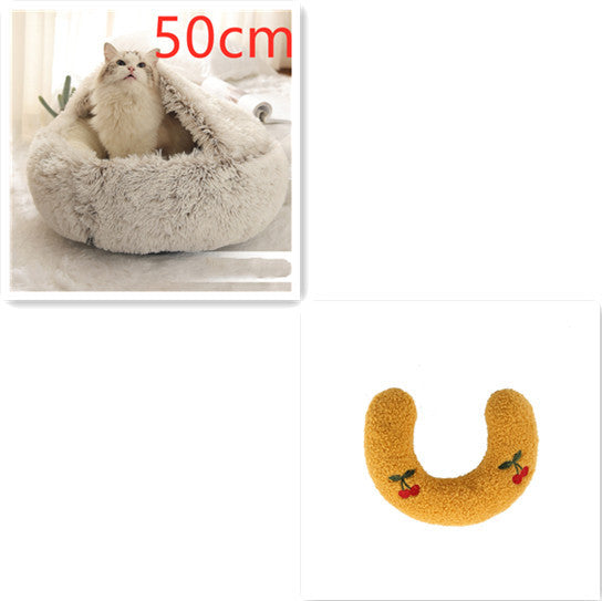 2-in-1 Round Plush Pet Bed & Warm House for Dogs and Cats - Winter Soft Long Plush Bed