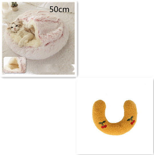 2-in-1 Round Plush Pet Bed & Warm House for Dogs and Cats - Winter Soft Long Plush Bed