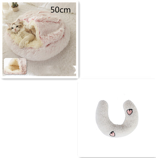 2-in-1 Round Plush Pet Bed & Warm House for Dogs and Cats - Winter Soft Long Plush Bed