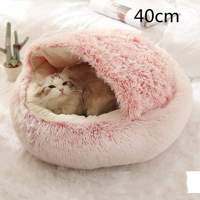 2-in-1 Round Plush Pet Bed & Warm House for Dogs and Cats - Winter Soft Long Plush Bed