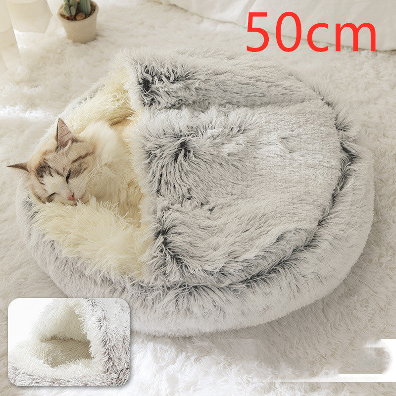 2-in-1 Round Plush Pet Bed & Warm House for Dogs and Cats - Winter Soft Long Plush Bed