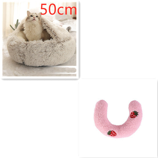 2-in-1 Round Plush Pet Bed & Warm House for Dogs and Cats - Winter Soft Long Plush Bed