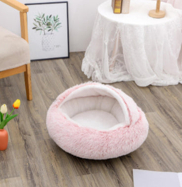2-in-1 Round Plush Pet Bed & Warm House for Dogs and Cats - Winter Soft Long Plush Bed