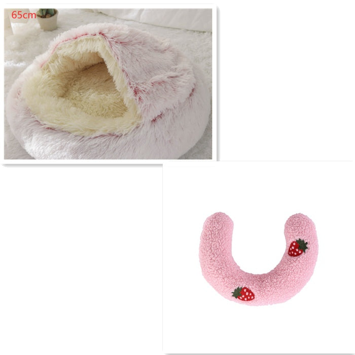 2-in-1 Round Plush Pet Bed & Warm House for Dogs and Cats - Winter Soft Long Plush Bed