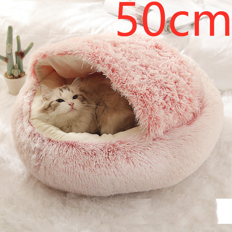 2-in-1 Round Plush Pet Bed & Warm House for Dogs and Cats - Winter Soft Long Plush Bed