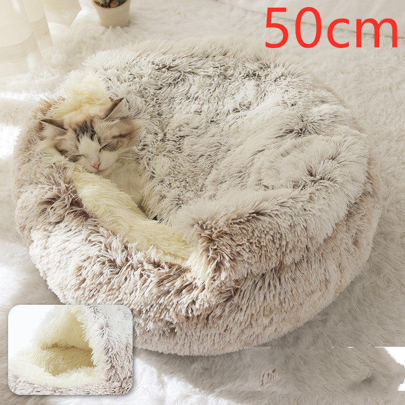 2-in-1 Round Plush Pet Bed & Warm House for Dogs and Cats - Winter Soft Long Plush Bed