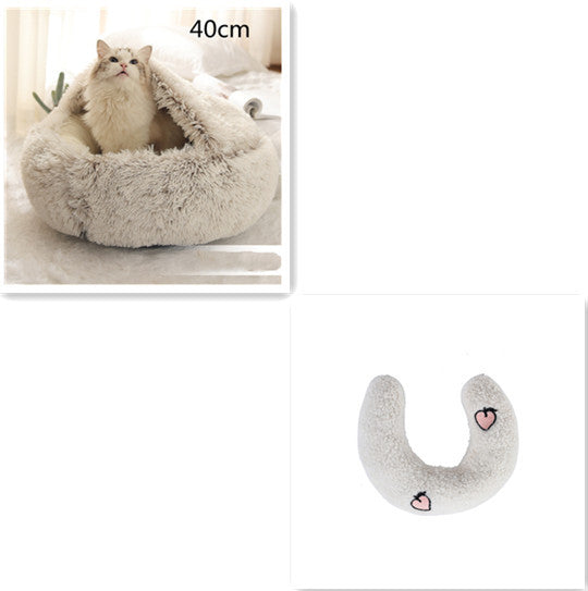 2-in-1 Round Plush Pet Bed & Warm House for Dogs and Cats - Winter Soft Long Plush Bed