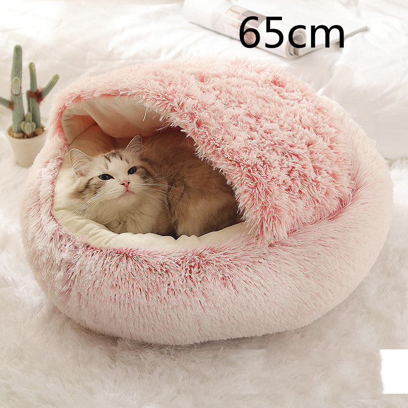 2-in-1 Round Plush Pet Bed & Warm House for Dogs and Cats - Winter Soft Long Plush Bed