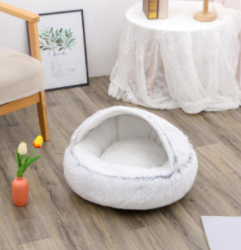 2-in-1 Round Plush Pet Bed & Warm House for Dogs and Cats - Winter Soft Long Plush Bed