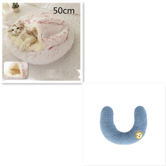 2-in-1 Round Plush Pet Bed & Warm House for Dogs and Cats - Winter Soft Long Plush Bed