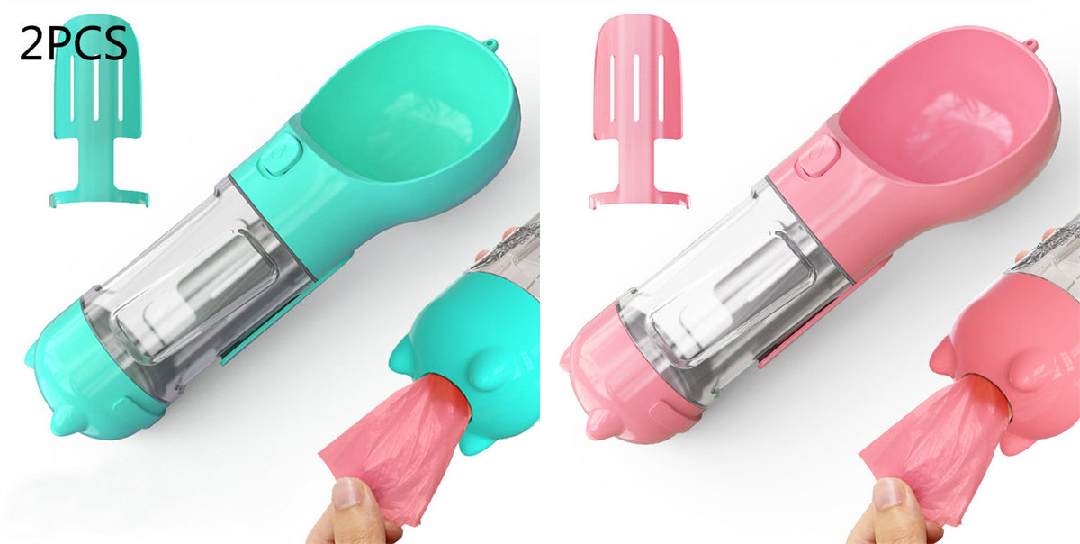 3-in-1 Portable Pet Water Bottle with Bowl & Waste Bag Dispenser | Outdoor Travel Dog & Cat Feeder