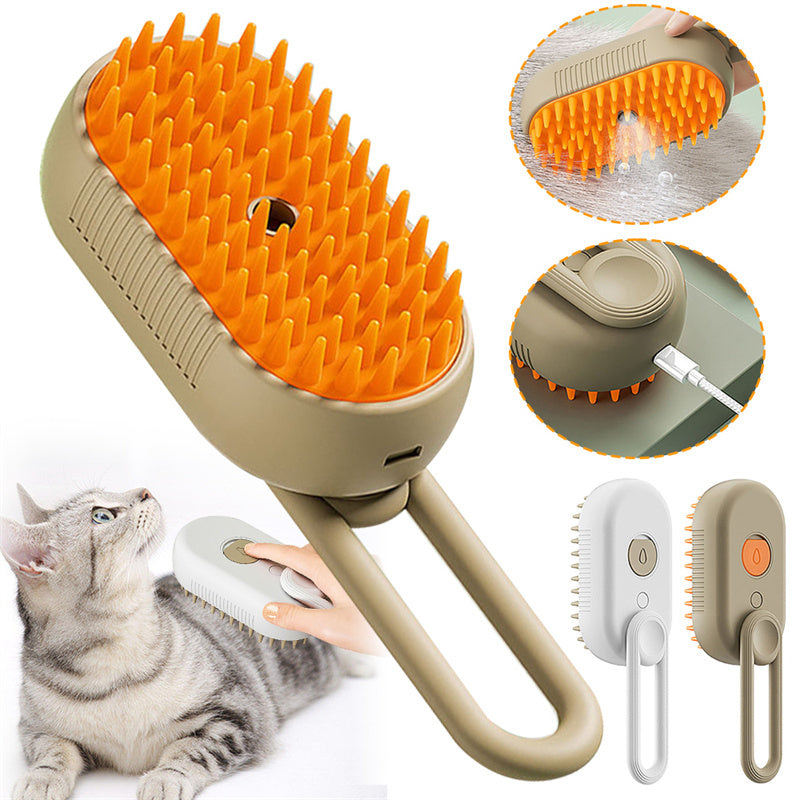 3-in-1 Electric Steam Pet Brush - USB Rechargeable Dog & Cat Grooming Brush for Hair Removal, Detangling & Massage