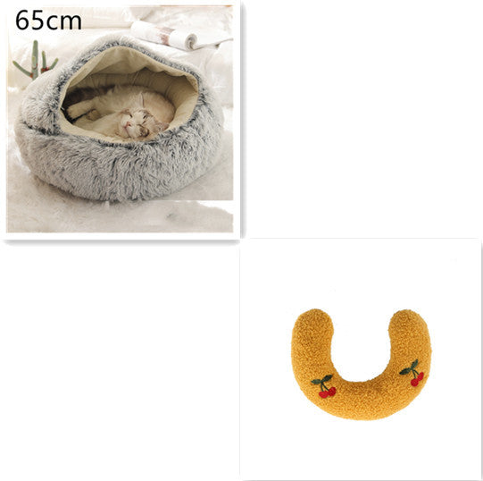 2-in-1 Round Plush Pet Bed & Warm House for Dogs and Cats - Winter Soft Long Plush Bed