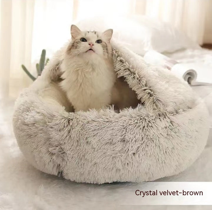2-in-1 Round Plush Pet Bed & Warm House for Dogs and Cats - Winter Soft Long Plush Bed