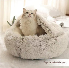 2-in-1 Round Plush Pet Bed & Warm House for Dogs and Cats - Winter Soft Long Plush Bed