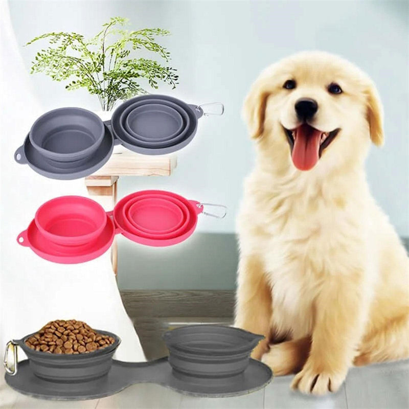Foldable Double Pet Bowl with Non-Slip Mat - Collapsible Food and Water Dish for Dogs and Cats