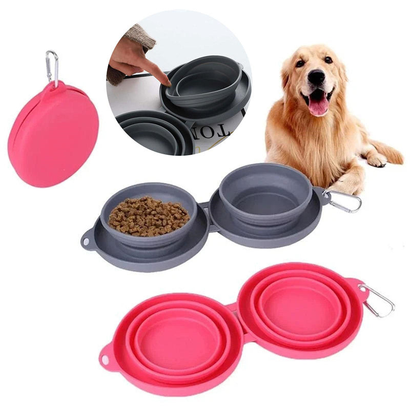Foldable Double Pet Bowl with Non-Slip Mat - Collapsible Food and Water Dish for Dogs and Cats