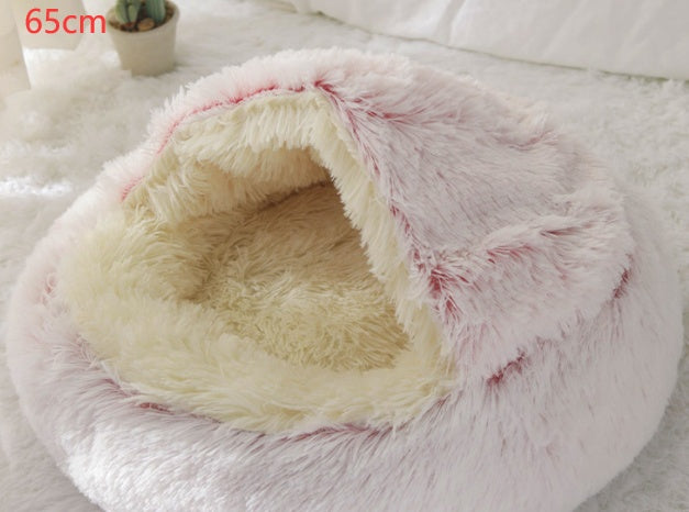 2-in-1 Round Plush Pet Bed & Warm House for Dogs and Cats - Winter Soft Long Plush Bed