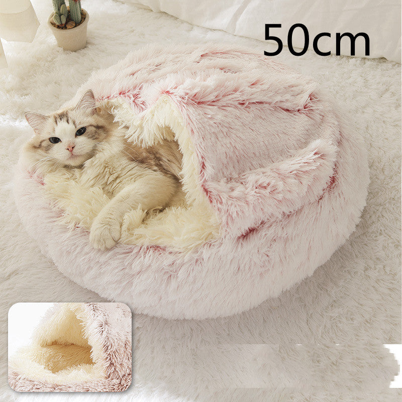 2-in-1 Round Plush Pet Bed & Warm House for Dogs and Cats - Winter Soft Long Plush Bed