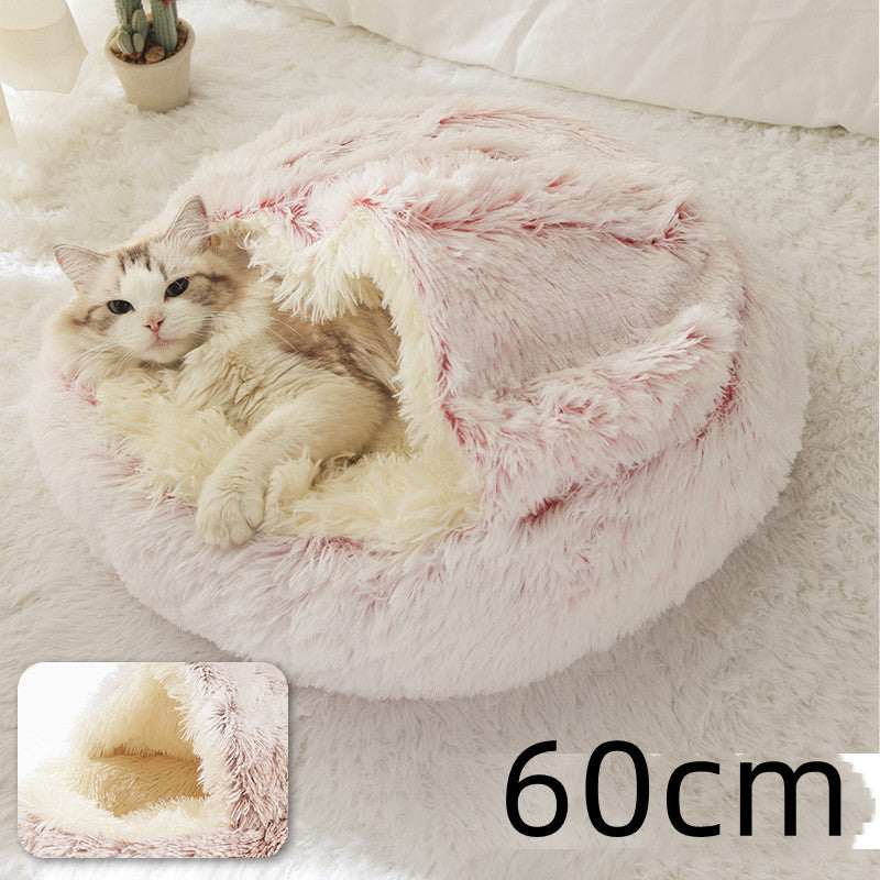 2-in-1 Round Plush Pet Bed & Warm House for Dogs and Cats - Winter Soft Long Plush Bed