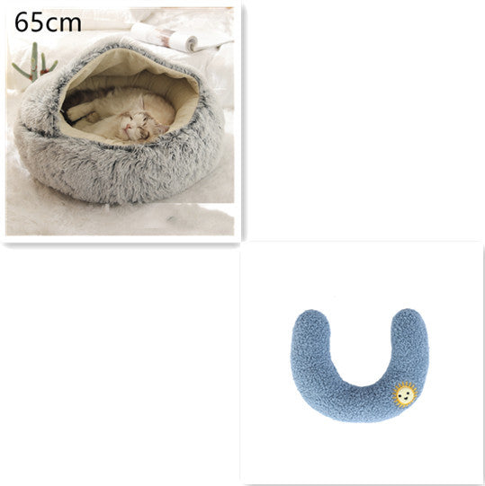 2-in-1 Round Plush Pet Bed & Warm House for Dogs and Cats - Winter Soft Long Plush Bed