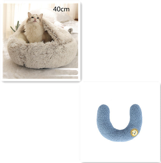2-in-1 Round Plush Pet Bed & Warm House for Dogs and Cats - Winter Soft Long Plush Bed