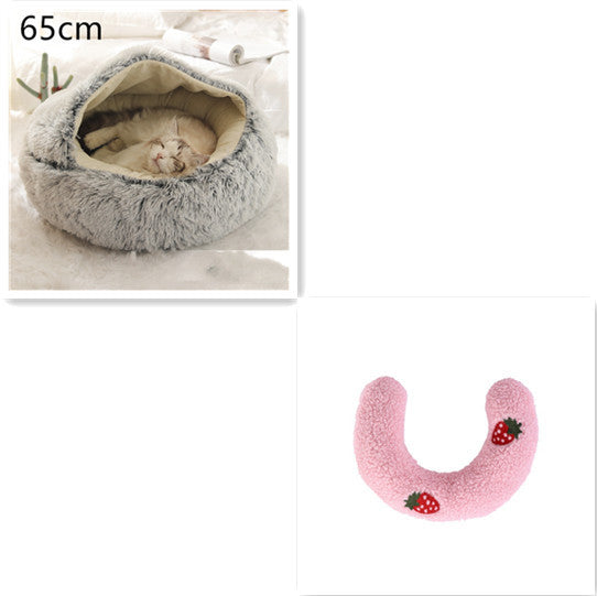 2-in-1 Round Plush Pet Bed & Warm House for Dogs and Cats - Winter Soft Long Plush Bed